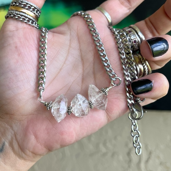 3 big Genuine herkimer diamonds crystals stainless steel boho choker necklace - Picture 14 of 15